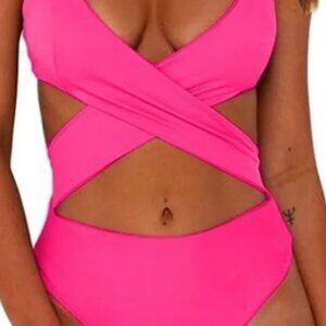 Chyrll Popular Classic Hot Pink One Piece Wrap High Waist Swimsuit NWT ~ Med.